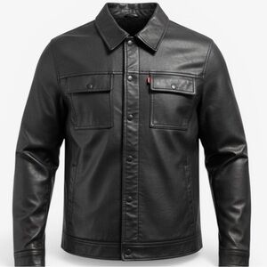 Levi’s Men’s Cool Classic Black Faux Leather Sherpa Lined Trucker Jacket Medium